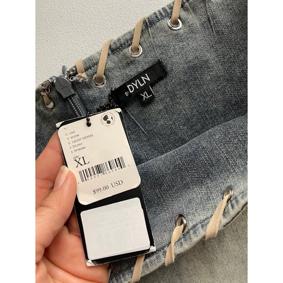 BYDYLN Denim Pleated Mini Skirt Lace Up Waist Light Wash XL NWT - Picture 5 of 7